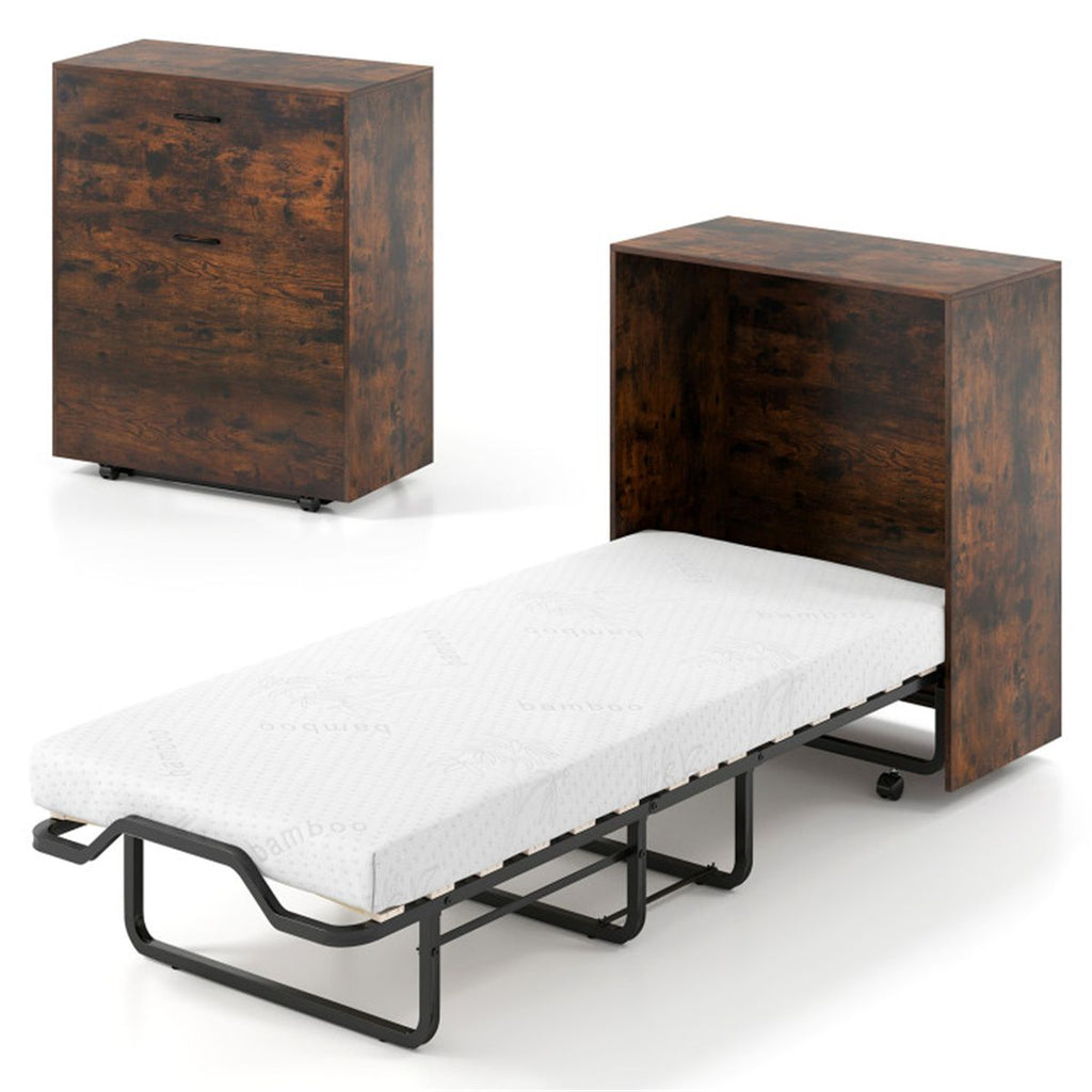 Murphy Bed 86.5" x 34" x 41.5" with 4 Rolling Lockable Wheels, Foldable Wall Bed Cabinet with 4 Inch Foam Mattress