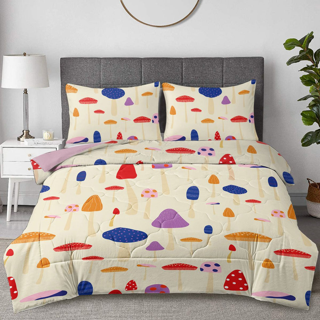 Mushroom Comforter Set Queen Size, Pink Yellow Mushroom Bedding Bedding Set, 3 Piece, 1 Comforter (90\"x90\") and 2 Pillow Shams (20\"x36\")