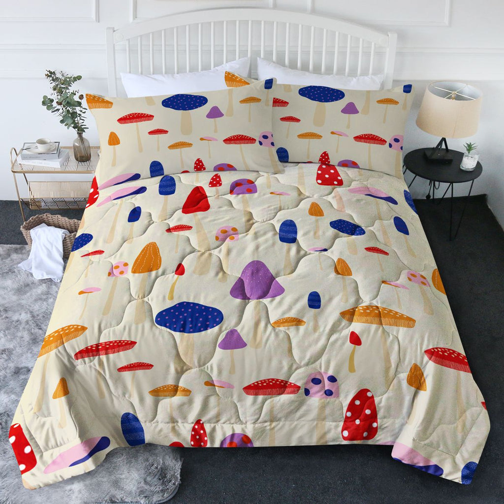 Mushroom Comforter Set Twin Size, Pink Yellow Mushroom Bedding Bedding Set, 3 Piece, 1 Comforter (68\"x86\") and 2 Pillow Shams (20\"x26\")