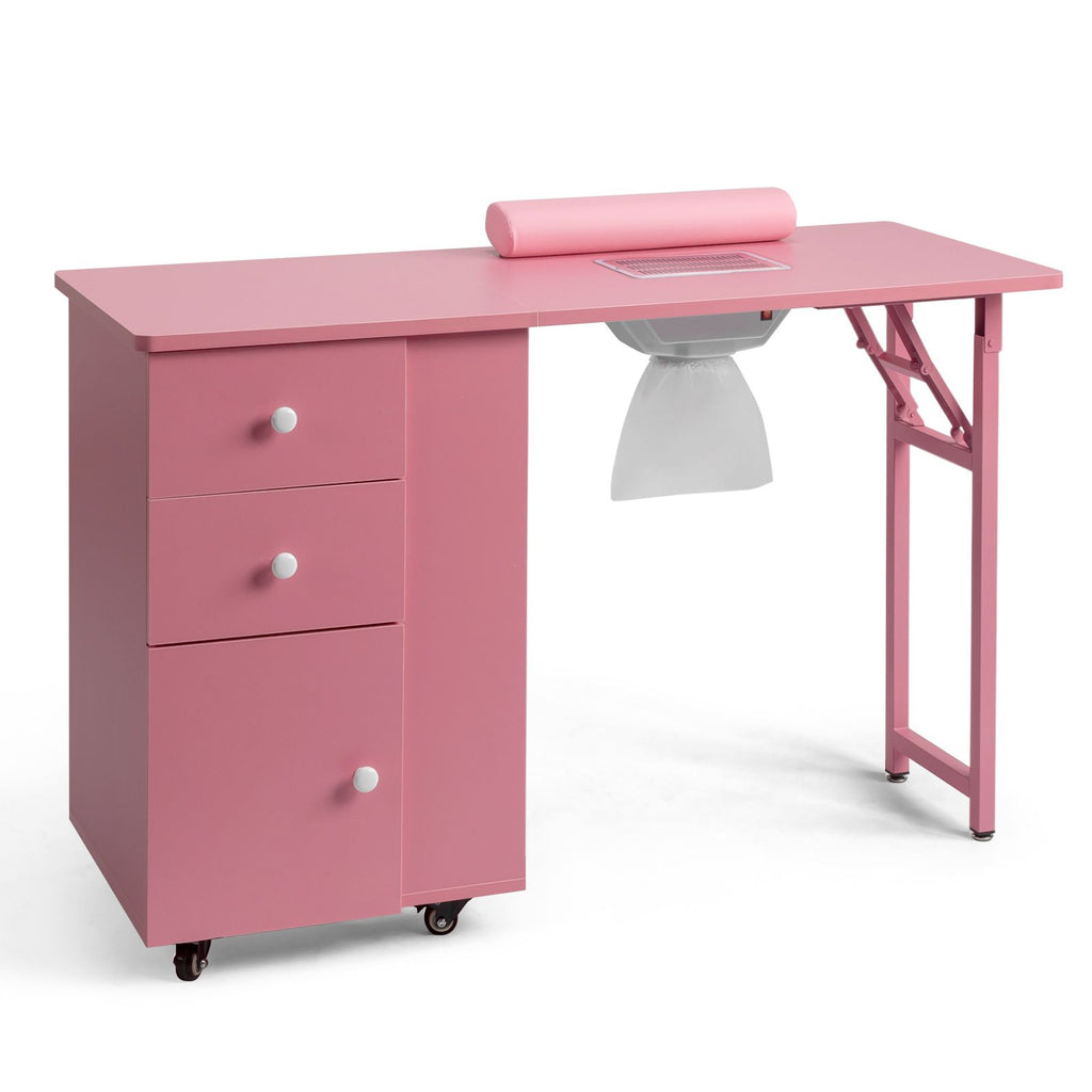 Nail Desk Folding Table, Pink MDF Manicure Station w/ 2 Drawers & 1 Door Cabinet for Nail Art Salon Home Beauty