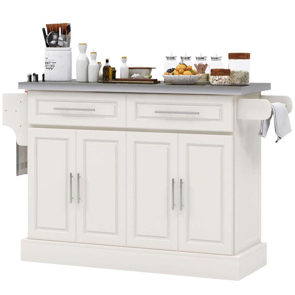 Narrow Kitchen Island, Mobile Island Cart with Hiding Wheels, 2 Drowers, Spice Rack Towel, for Home, Dinning Room, Cream White