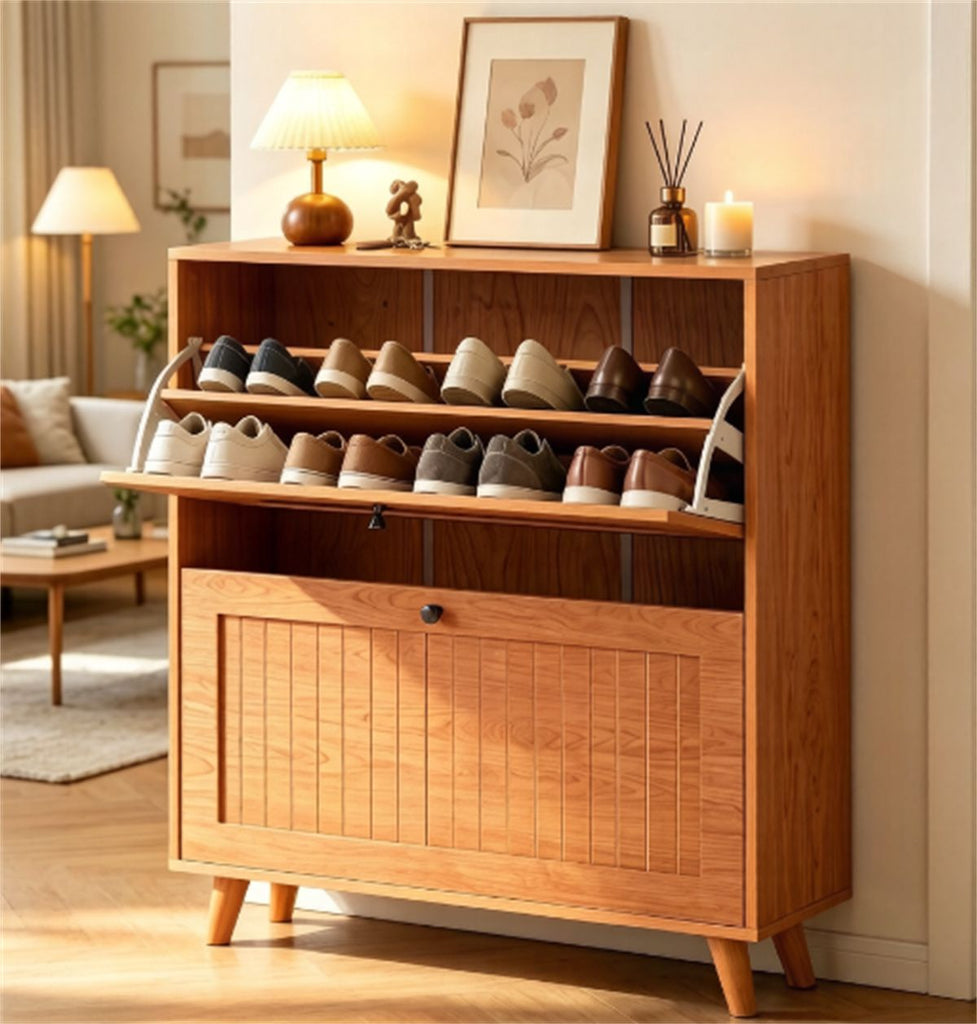 Narrow Shoe Cabinet with 2 Flip Drawers, Slim Freestanding Shoe Storage Cabinet with Adjustable Shelves, Anti-Tipping Hidden Shoe Organizer
