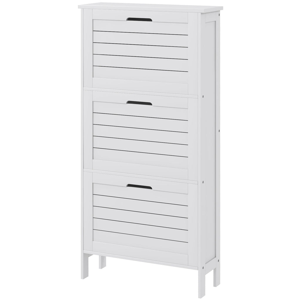 Narrow Shoe Storage Cabinet for Entryway, 3 Flip Drawers, Slim Shoe Rack Organizer, Louvered Doors for 6 Pairs, White