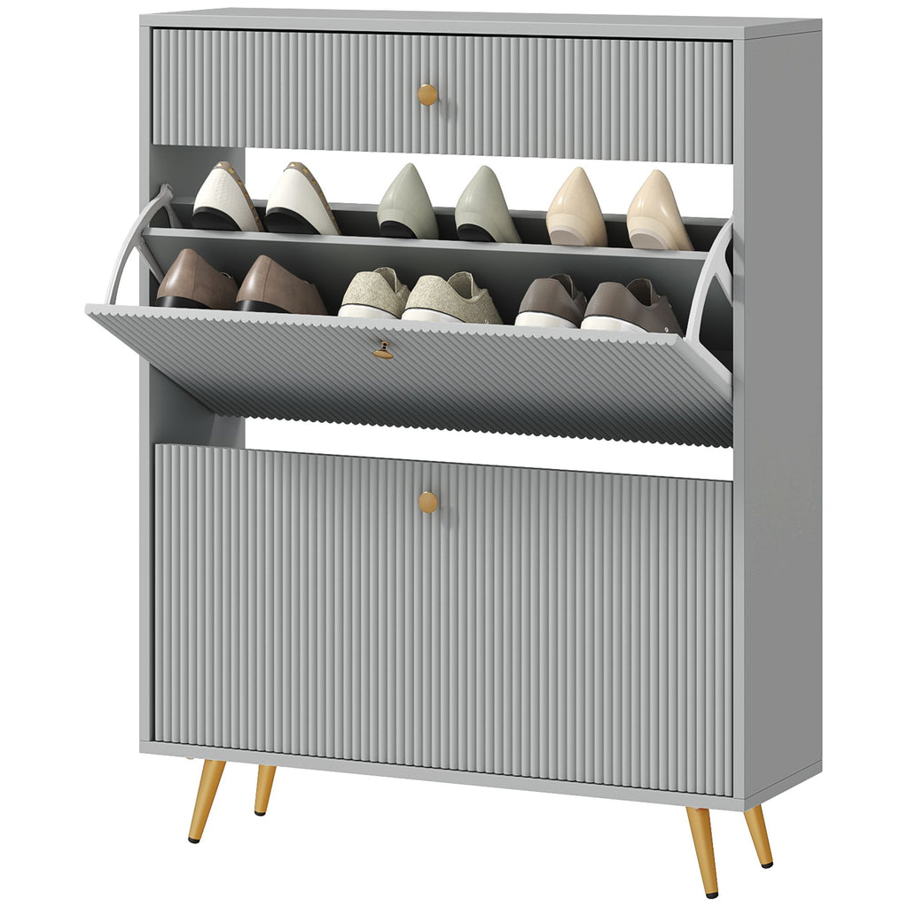Narrow Shoe Storage Cabinet with Wave-like Panels and Adjustable Shelves for 12 Pairs of Shoes, Gray