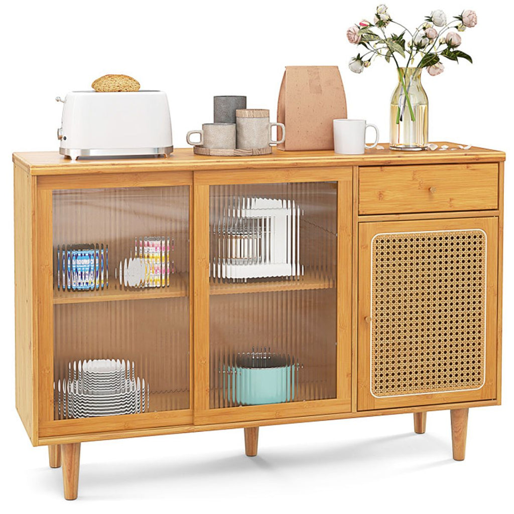 Natural Bamboo Sideboard Cabinet with Rattan Door, Sliding Door & Pull-Out Drawer, 5-Leg Rubber Wood Base