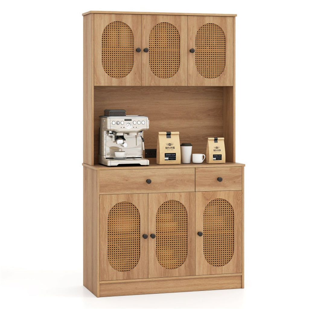Natural Boho 6-Door Pantry Cabinet, PE Rattan Doors & Built-in Charging Station (2 AC Outlets + 2 USB Ports)