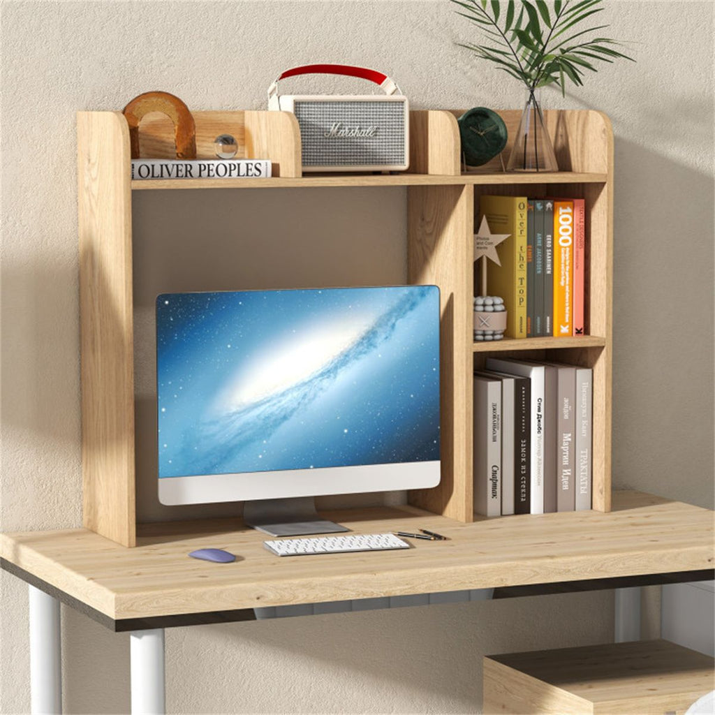 Natural Desktop Bookshelf for 27''/68.58cm Monitor, 93.98×25.40×73.66cm Engineered Wood Desk Hutch with Anti-Tip Kits, 100 lbs Capacity