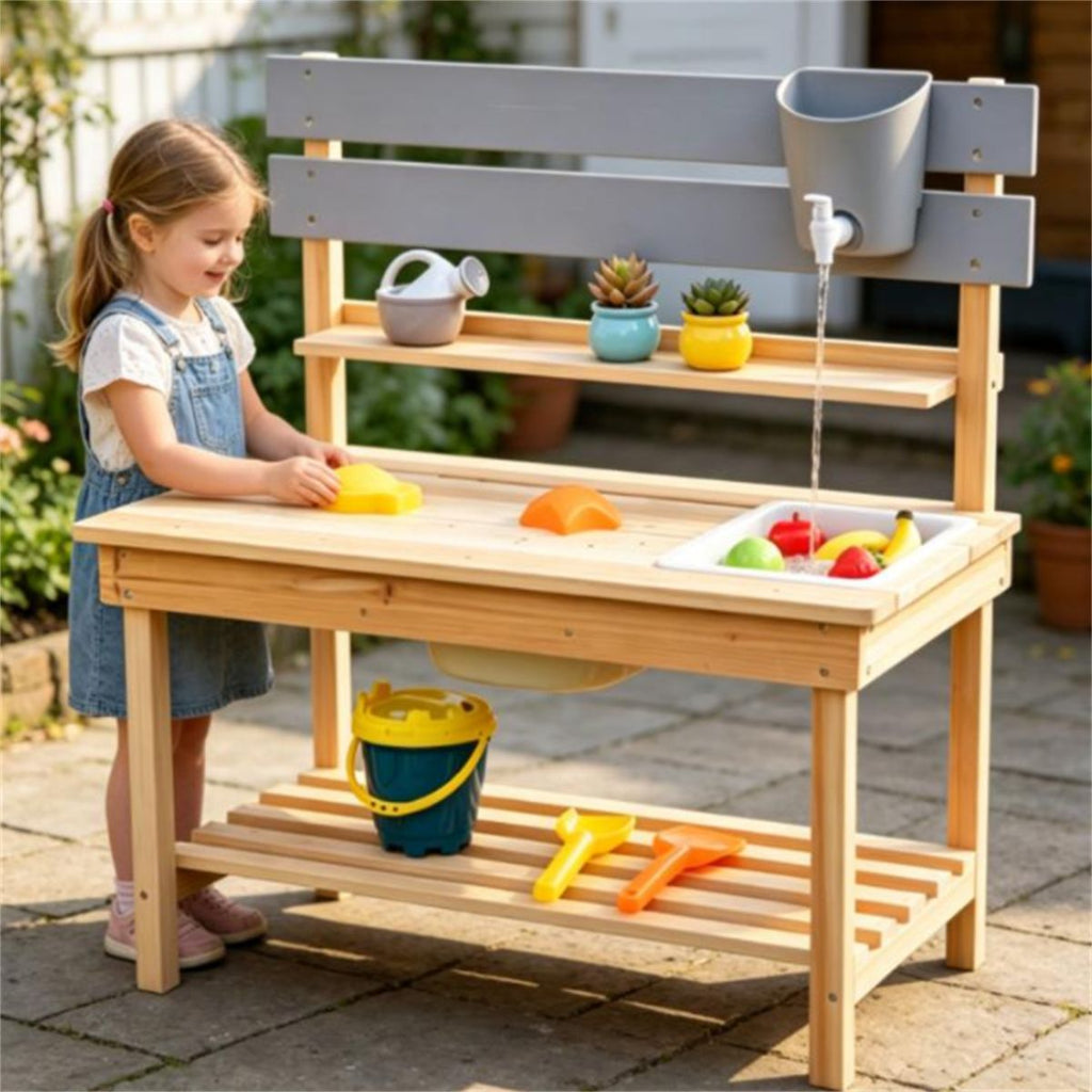 Natural Fir Wood Children Mud Kitchen Toy, Interactive Outdoor Sensory Play Station with Storage Shelves, Safe RoundedEdge Play Kitchen for Backyard Garden