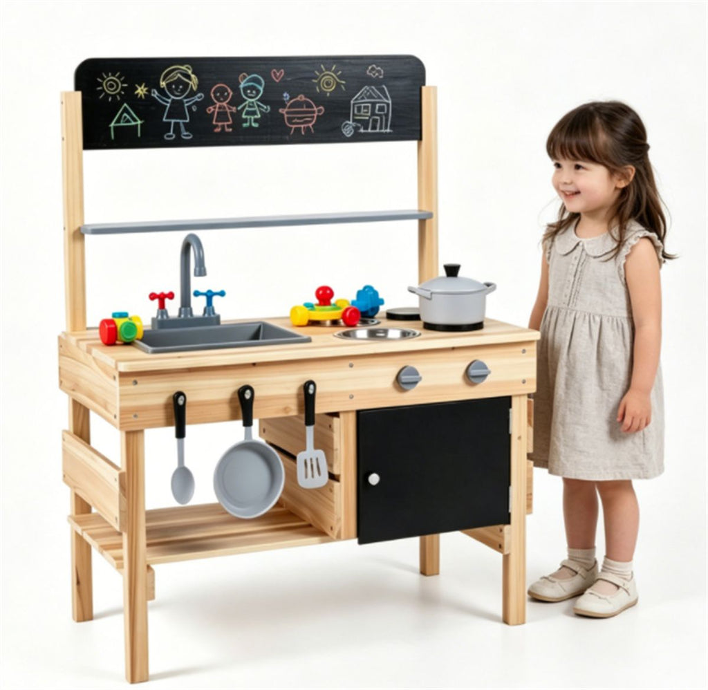 Natural Fir Wood Kids Outdoor Mud Kitchen Playset with Stainless Steel Sink & Stoves, Pretend Play Cooking Toy with Storage Hooks for Toddlers 3+