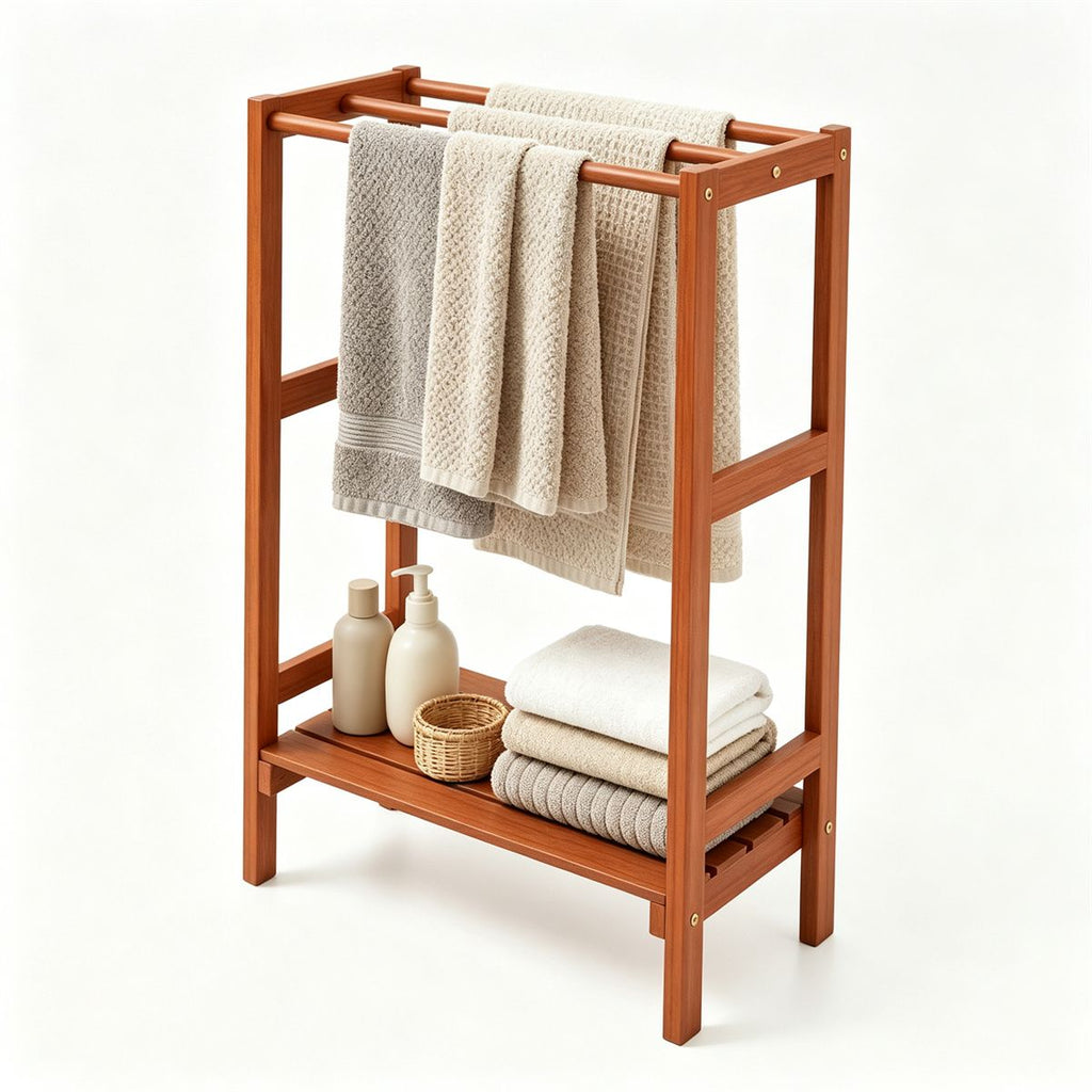 Natural Hardwood Towel Rack, Freestanding Blanket Stand with 3 Hanging Bars & Bottom Storage Shelf, Stable Vertical Storage Organizer for Bathroom Bedroom Living Room