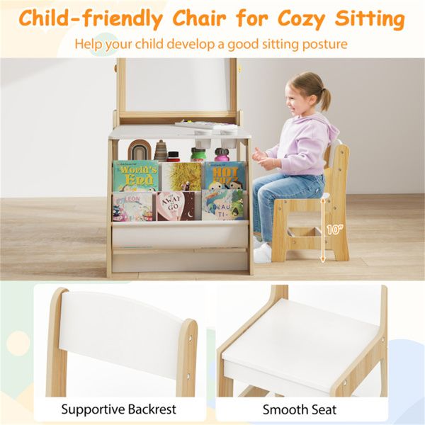 Natural Kids Activity Table with Magnetic Whiteboard/Chalkboard & Paper Roll, Multi-Storage Art Desk for Drawing & Studying