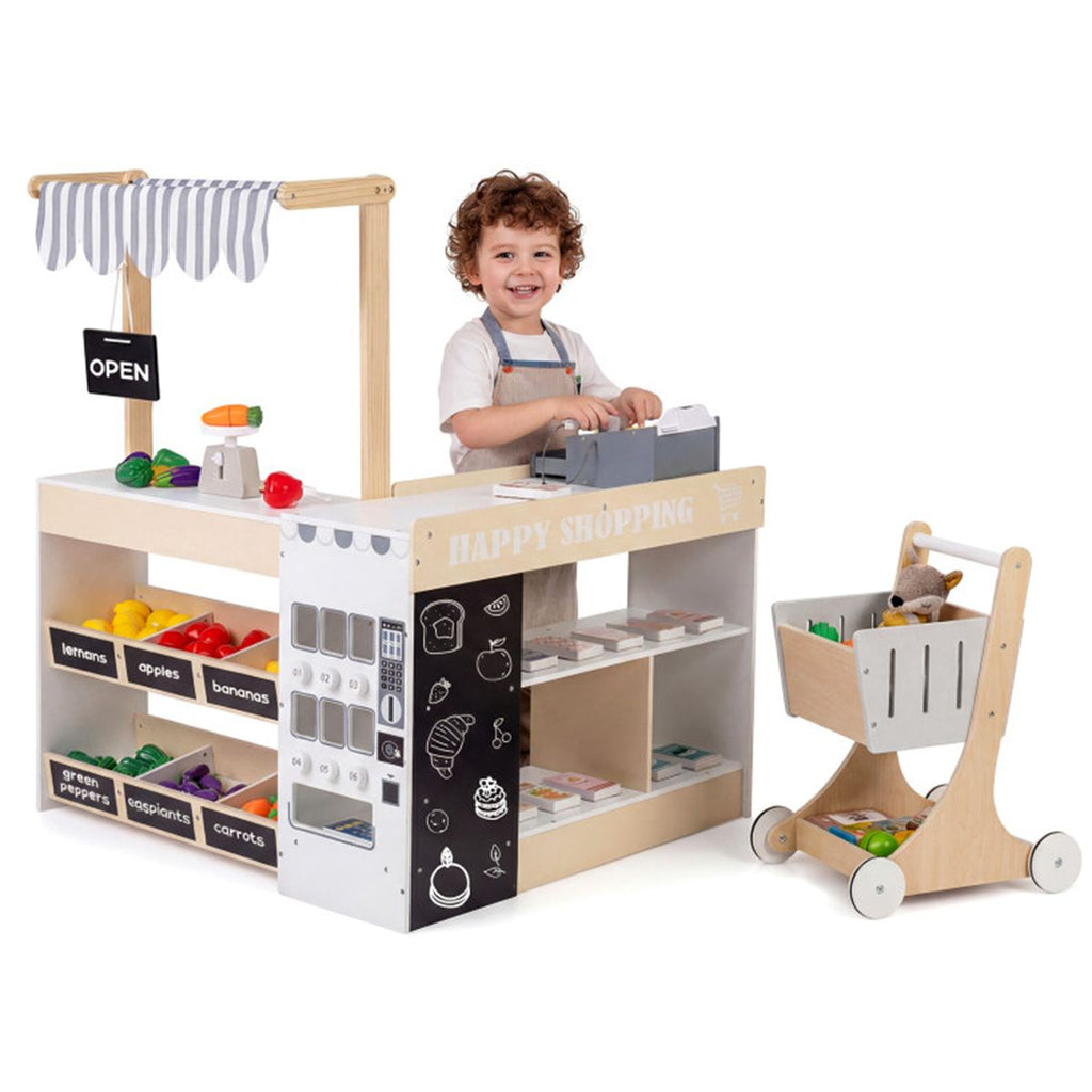 Natural Kids Supermarket Playset with Vending Machine, 90.17×78.74×104.14cm Grocery Store Toy with Shopping Cart for 3+