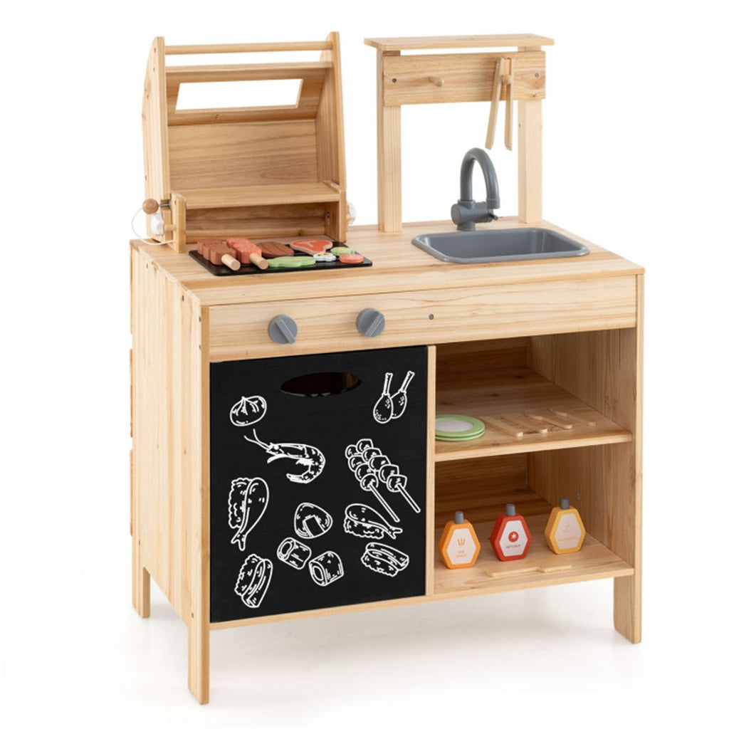 Natural Kids Wooden Barbecue Grill Playset with Chalkboard and Sink and Cabinet