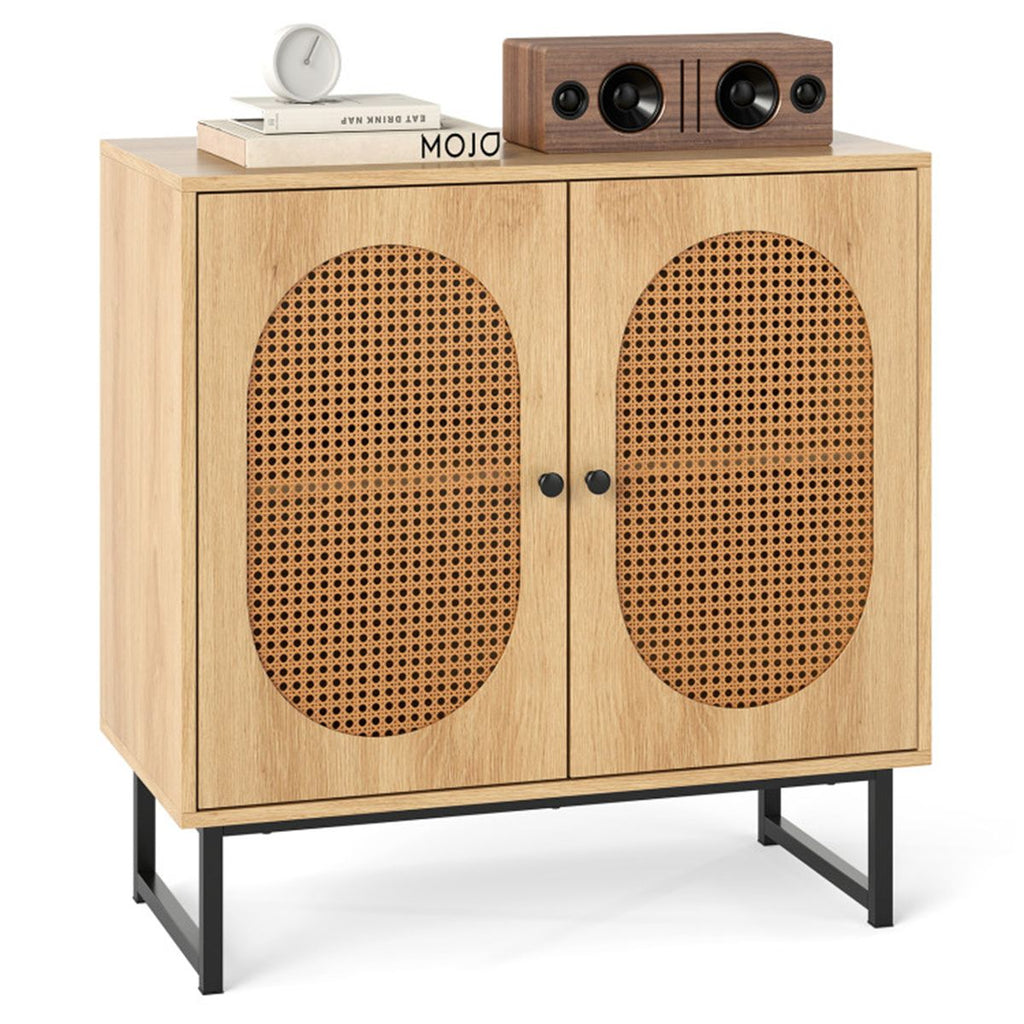 Natural PE Rattan Buffet Cabinet with 3-Level Adjustable Shelf, Boho Style & Soft-Close Hinges