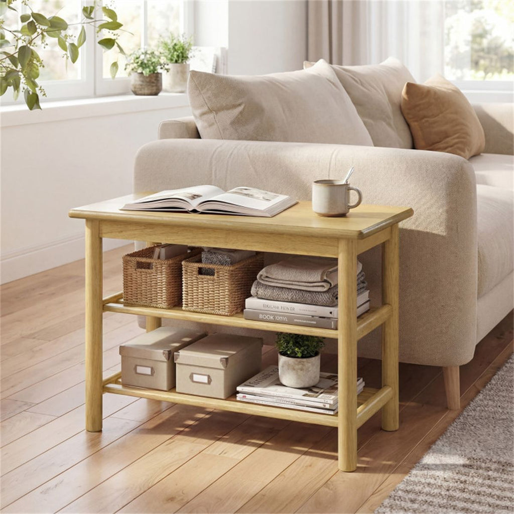 Natural Rubberwood 3-Tier Shoe Rack Bench 24" 485LBS Capacity Entryway Storage Bench