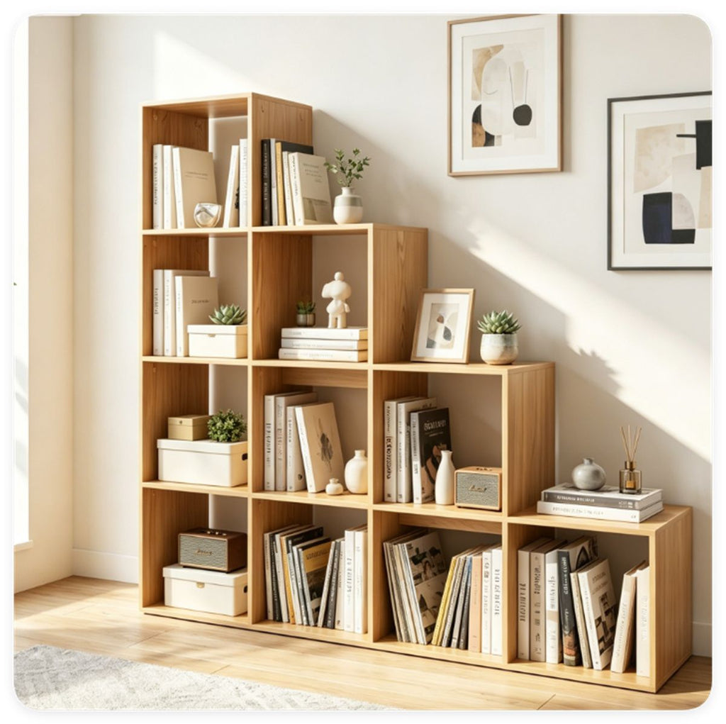 Natural Stepped 10-Cube Open Bookshelf 4-Tier Engineered Wood Storage Display Rack with Anti-Tipping Kits, Freestanding Book Organizer for Living Room Bedroom Hallway Office