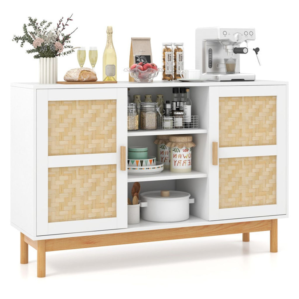 Natural & White Buffet Cabinet with Bamboo Woven Patterns, 3 Open Shelves & 2 Cabinets