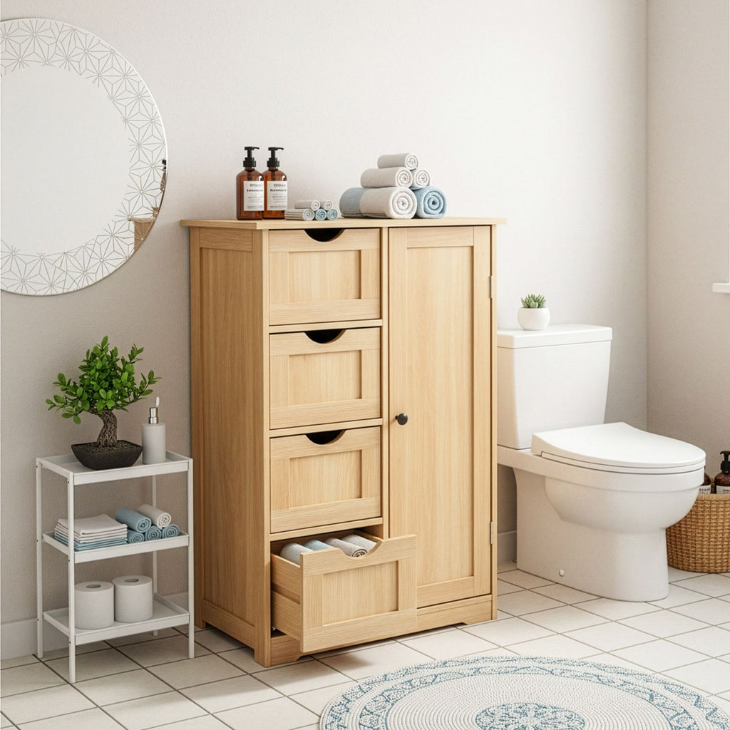 Natural wood color, MDF with melamine veneer, 56*30*80cm, 4 drawers, 1 door, bathroom vanity