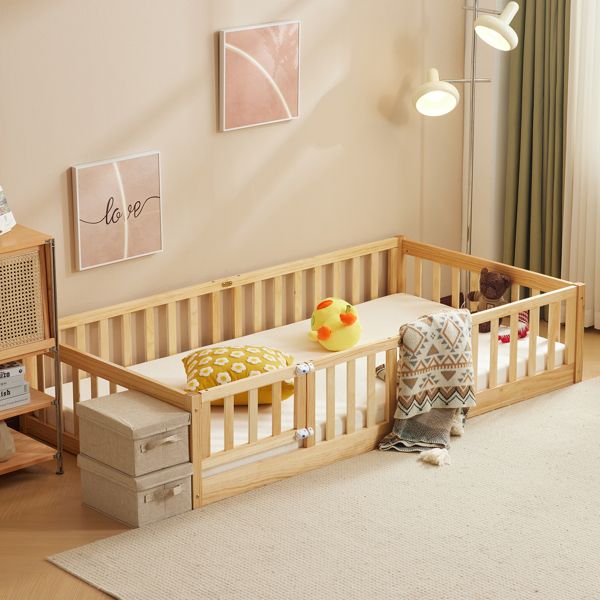 Natural wood color, painted finish, pine wood, playpen bed, with door, and bed board, twin children's wooden bed