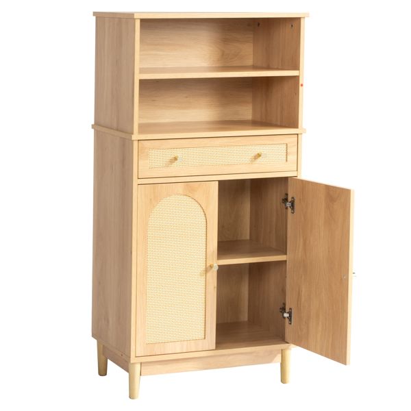 Natural wood color, particleboard with melamine veneer and rattan finish, 60*30*120cm, 1 drawer, 2 doors, 4 shelves, bathroom vanity