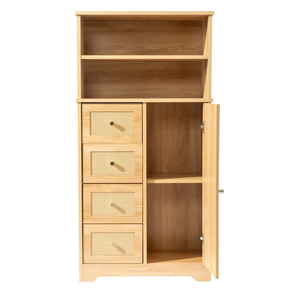 Natural wood color, particleboard with melamine veneer and rattan finish, 60*30*120cm, 4 drawers, 1 door, 4 shelves, bathroom vanity