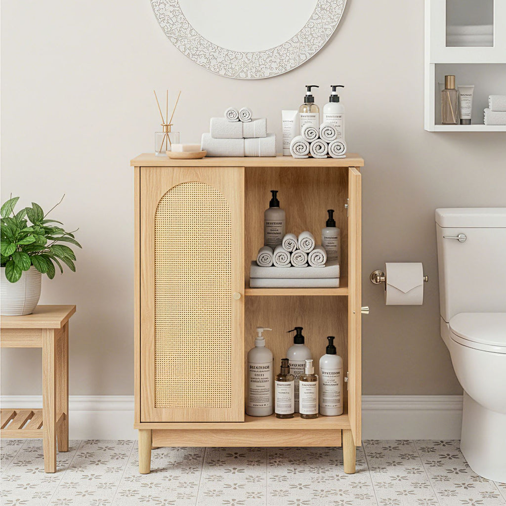 Natural wood color, particleboard with melamine veneer and rattan finish, 60*30*80cm, double doors, bathroom vanity