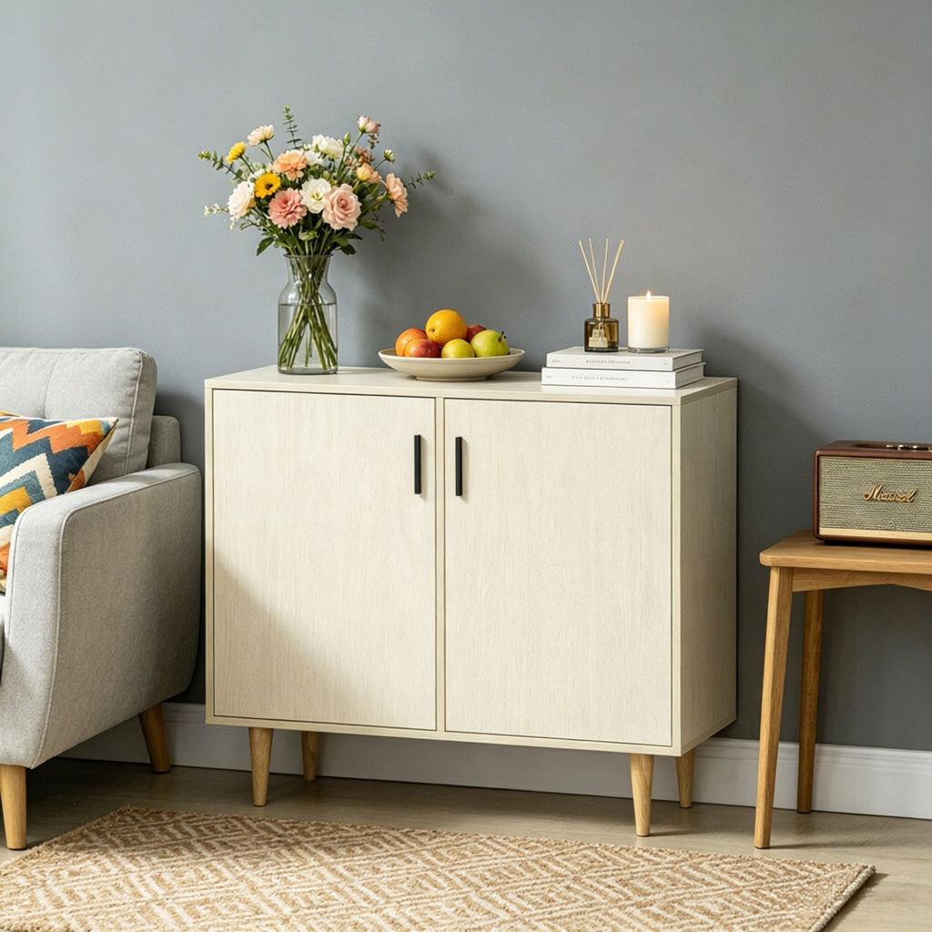 Natural Wood Sideboard Buffet Cabinet with Double Doors Adjustable Shelves And Wood Legs for Kitchen Living Room
