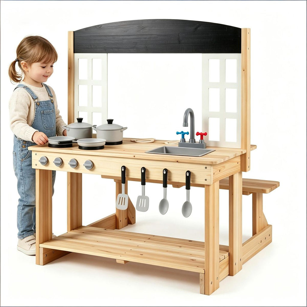 Natural Wooden Kids Mud Kitchen Playset with Bench & Removable Sink, Complete Cookware Accessories Pretend Play Kitchen for Toddlers 3+