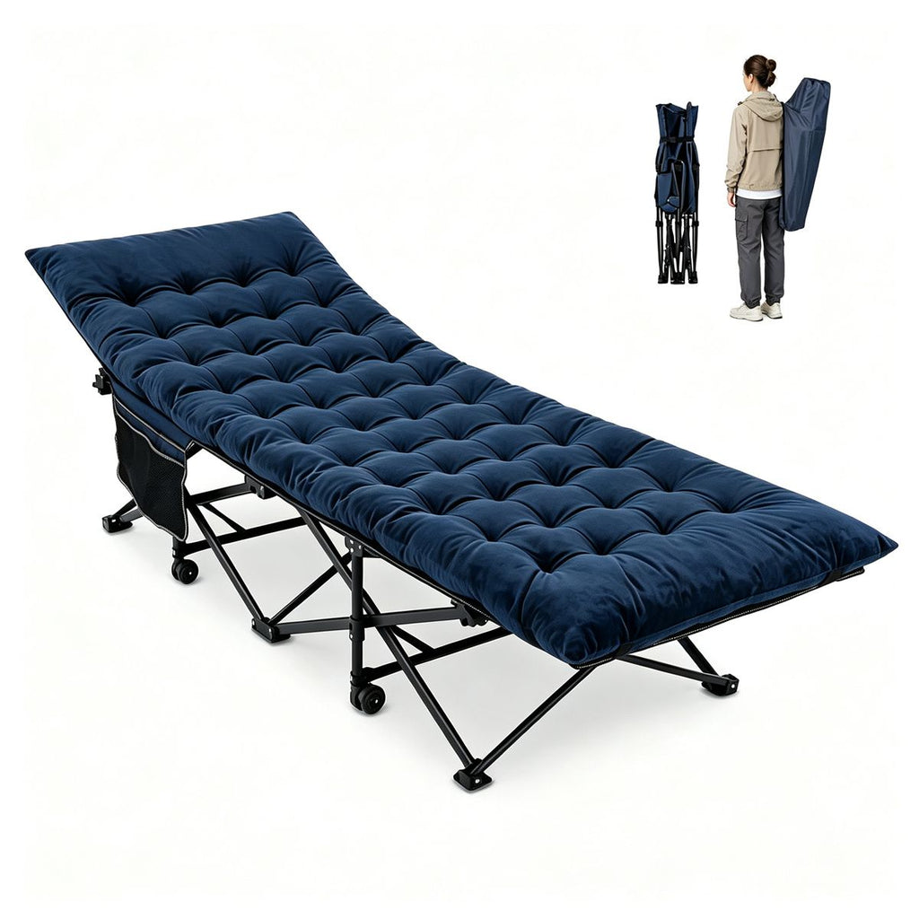 Navy Foldable Heavy Duty Camping Cot 330LBS, Portable Outdoor Sleeping Bed with Cushion & Carry Bag for Camping Office Nap