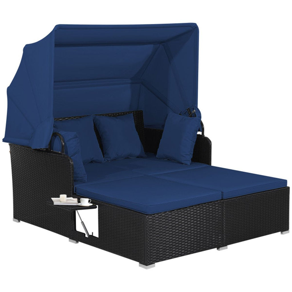 Navy Rattan Daybed Lounge W/ Retractable Top Canopy Side Tables Cushions