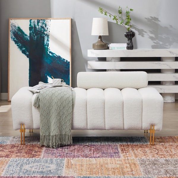New design pull out storage compartment footstool sofa, teddy velvet material, solid wood frame, metal feet, can be used in living room, study room and many other occasions.-Beige