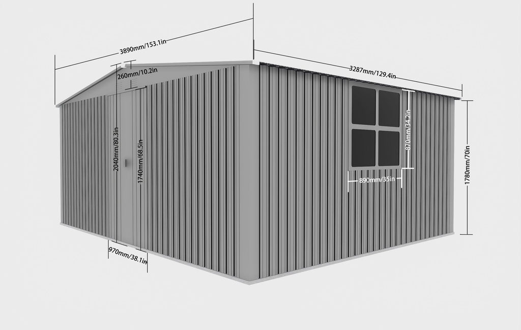 New Outdoor Storage Shed has two Functions: Metal shed and Firewood Shed 11ft x13ft ,Grey