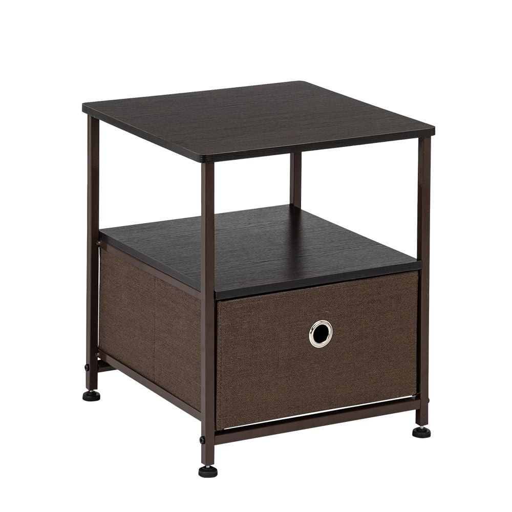 Nightstand 1-Drawer Shelf Storage- Bedside Furniture & Accent End Table Chest For Home, Bedroom, Office, College Dorm, Steel Frame, Wood Top, Easy Pull Fabric Bins