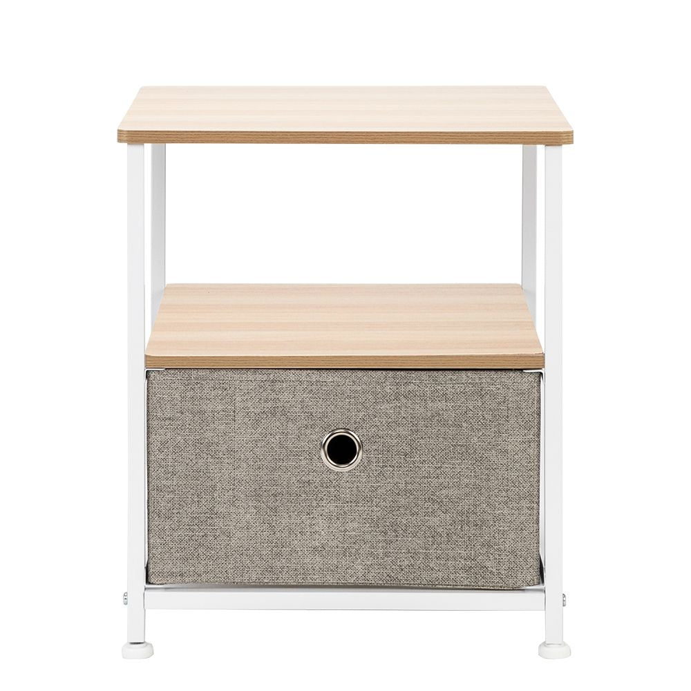 Nightstand 1-Drawer Shelf Storage- Bedside Furniture & Accent End Table Chest For Home, Bedroom, Office, College Dorm, Steel Frame, Wood Top, Easy Pull Fabric Bins