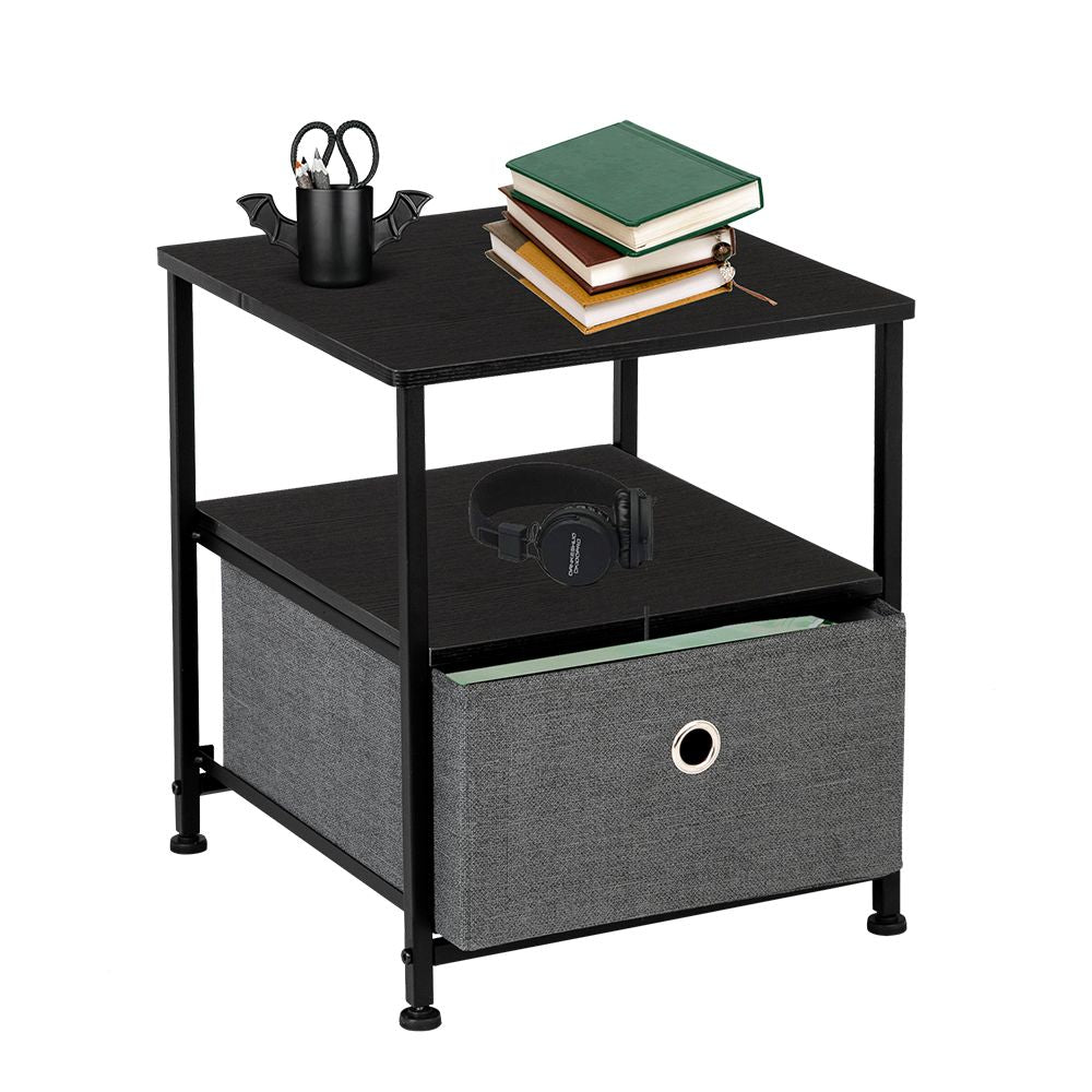 Nightstand 1-Drawer Shelf Storage- Bedside Furniture & Accent End Table Chest For Home, Bedroom, Office, College Dorm, Steel Frame, Wood Top, Easy Pull Fabric Bins