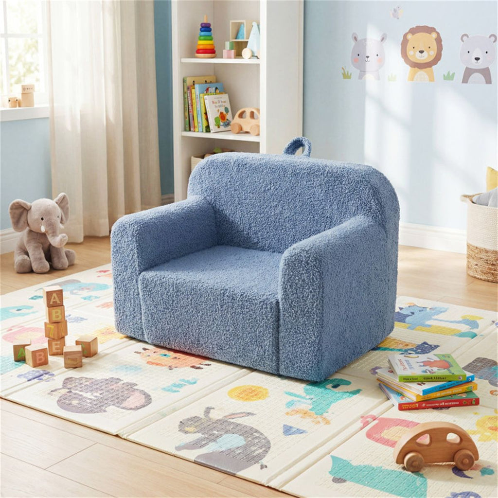 No-Assembly Kids Sofa, Soft Teddy Fleece Foam Couch with Carry Handle & Removable Washable Cover (Blue)
