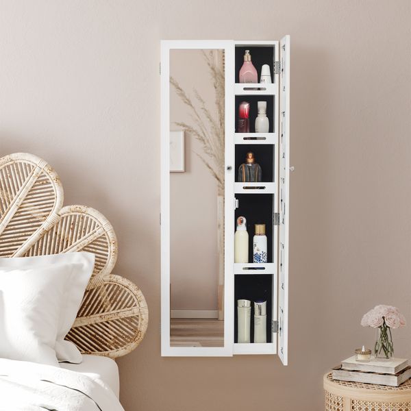 Non Full Mirror Wooden Wall Mounted Mirror Cabinet With Photo Frame; Multi-Layer Storage And Jewelry Storage - White