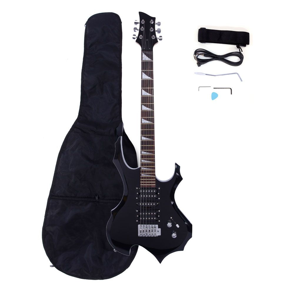 Novice Flame Shaped Electric Guitar HSH Pickup Bag Strap Paddle Rocker Cable Wrench Tool Black