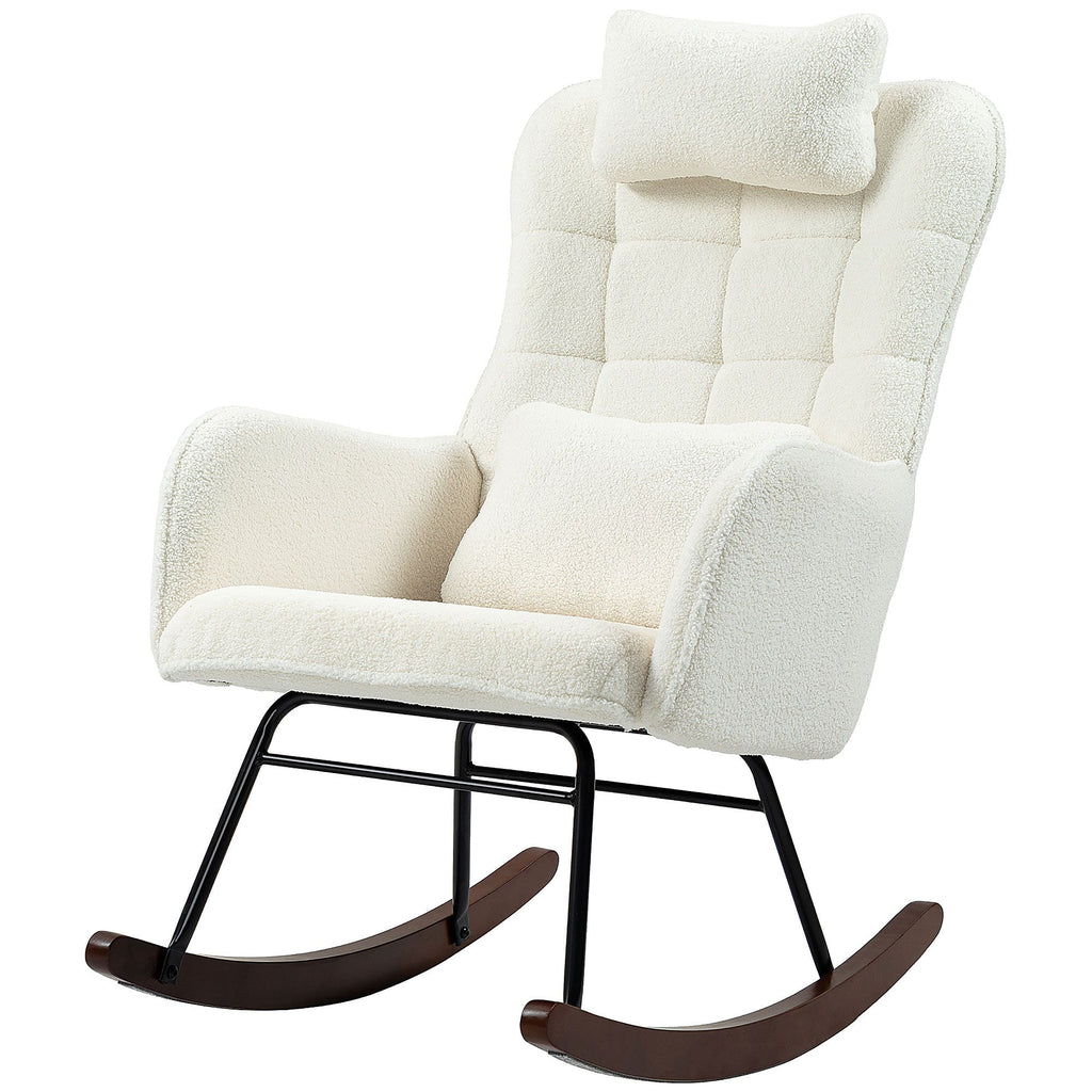Nursery Rocking Chair with Headrest, Lumber Pillow, Nursing Chair with High Back for Living Room, Bedroom, Cream White