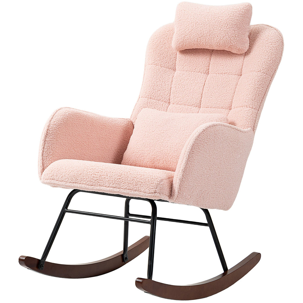 Nursery Rocking Chair with Headrest, Lumber Pillow, Nursing Chair with High Back for Living Room, Bedroom, Pink