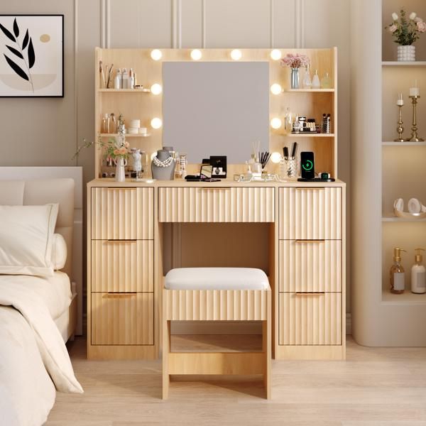 Oak-colored particleboard with a 7-drawer, 4-shelf dressing table set with 10 three-tone light bulbs, power strip, and grille.