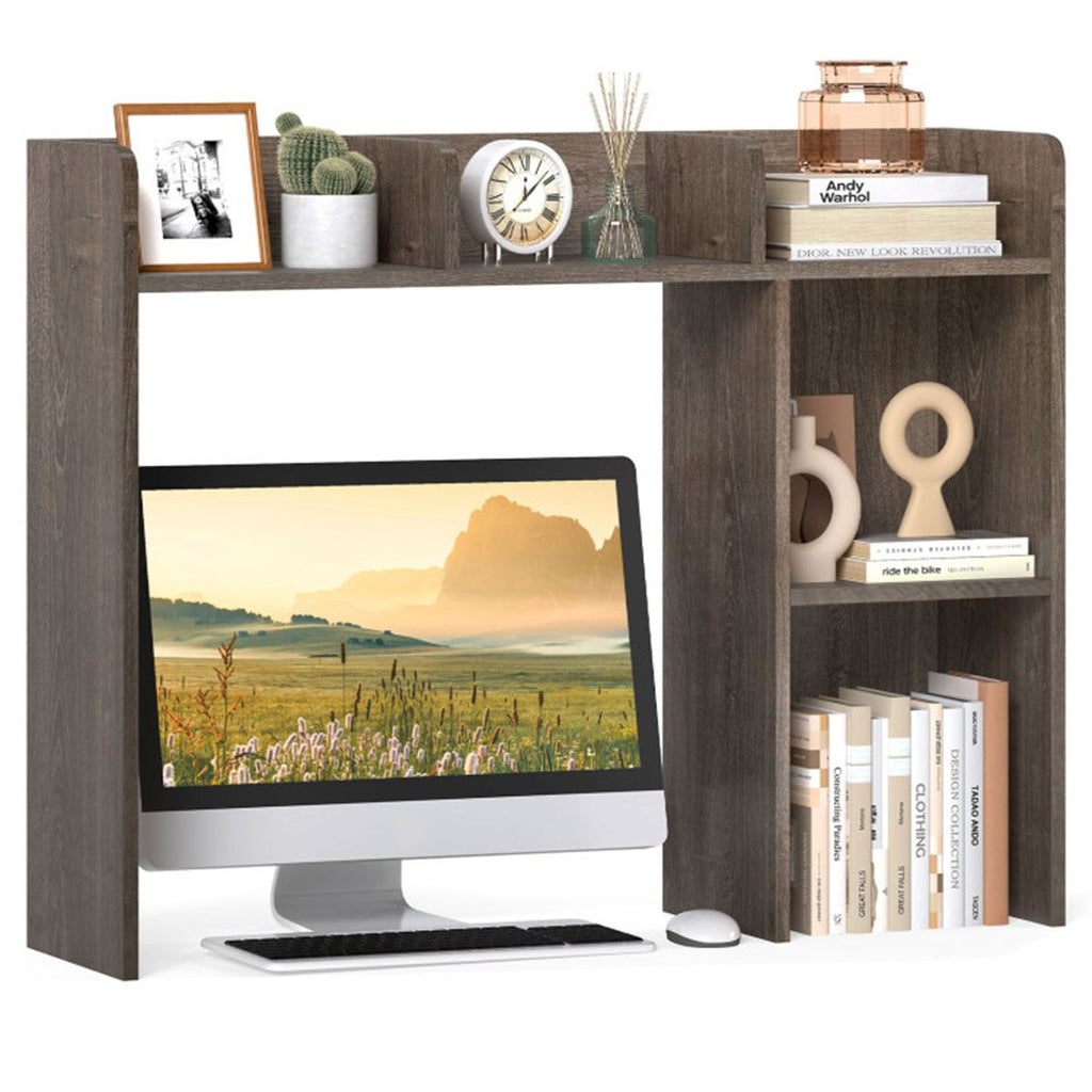 Oak Desktop Bookshelf for 27''/68.58cm Monitor, 93.98×25.40×73.66cm Engineered Wood Desk Hutch with Anti-Tip Kits, 100 lbs Capacity