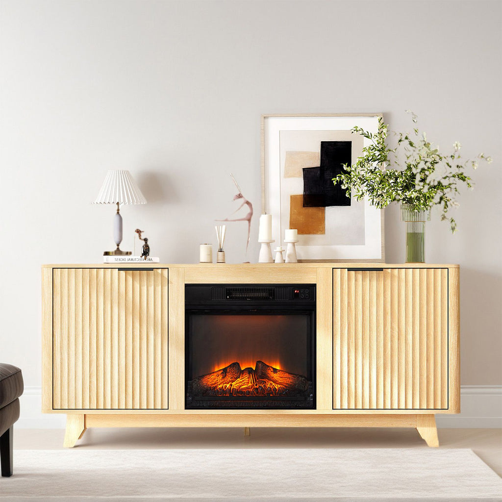 Oak Finish Fireplace TV Stand with 18 Inch Insert & Double Grid Doors, Embossed Particle Board Media Console 58 x 13.6 x 25.4 Inch