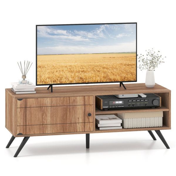 Oak Mid-Century Modern TV Stand for 55-Inch TVs, 210 lbs Capacity Entertainment Center with Storage Cabinet & Cable Management