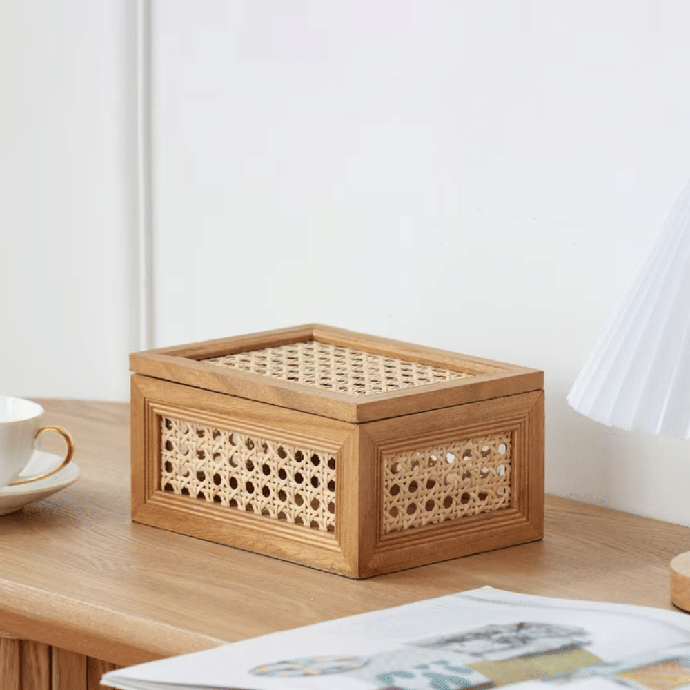 Oblong Rattan and Wood Decorative Tabletop Box