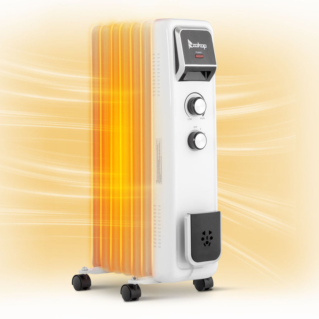 Oil Filled Radiator Heater, 1500W Portable Electric Space Heater with Adjustable Thermostat, 3 Heat Settings, Overheat and Tip-Over Protection, for Indoor Bedroom Office Home, White