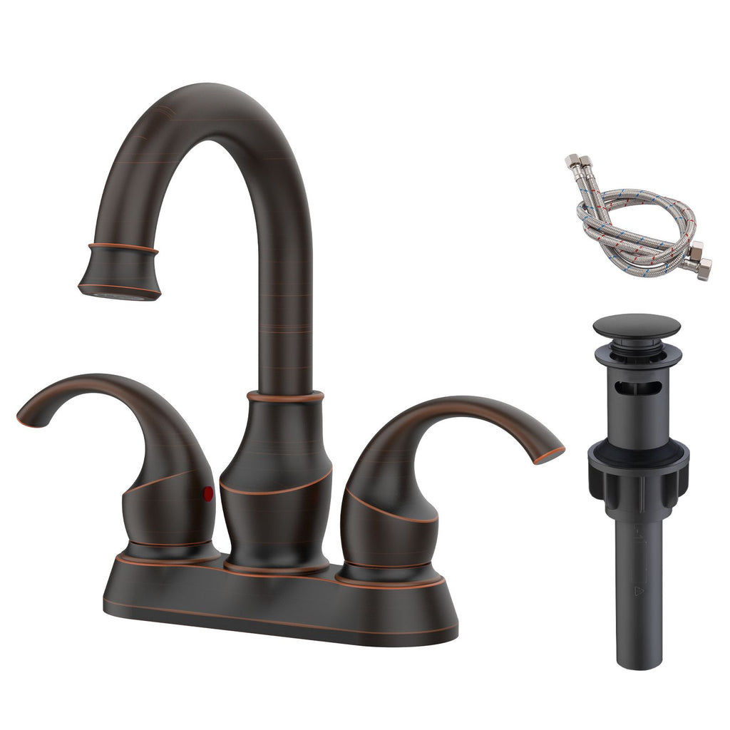 Oil Rubbed Bronze Bathroom Faucet with 2-Handle and 360 Degree Rotating Spout, Crescent Moon Style 4-inch Centerset Vanity Sink[Unable ship on weekends, TK/TEMU only for pickup]