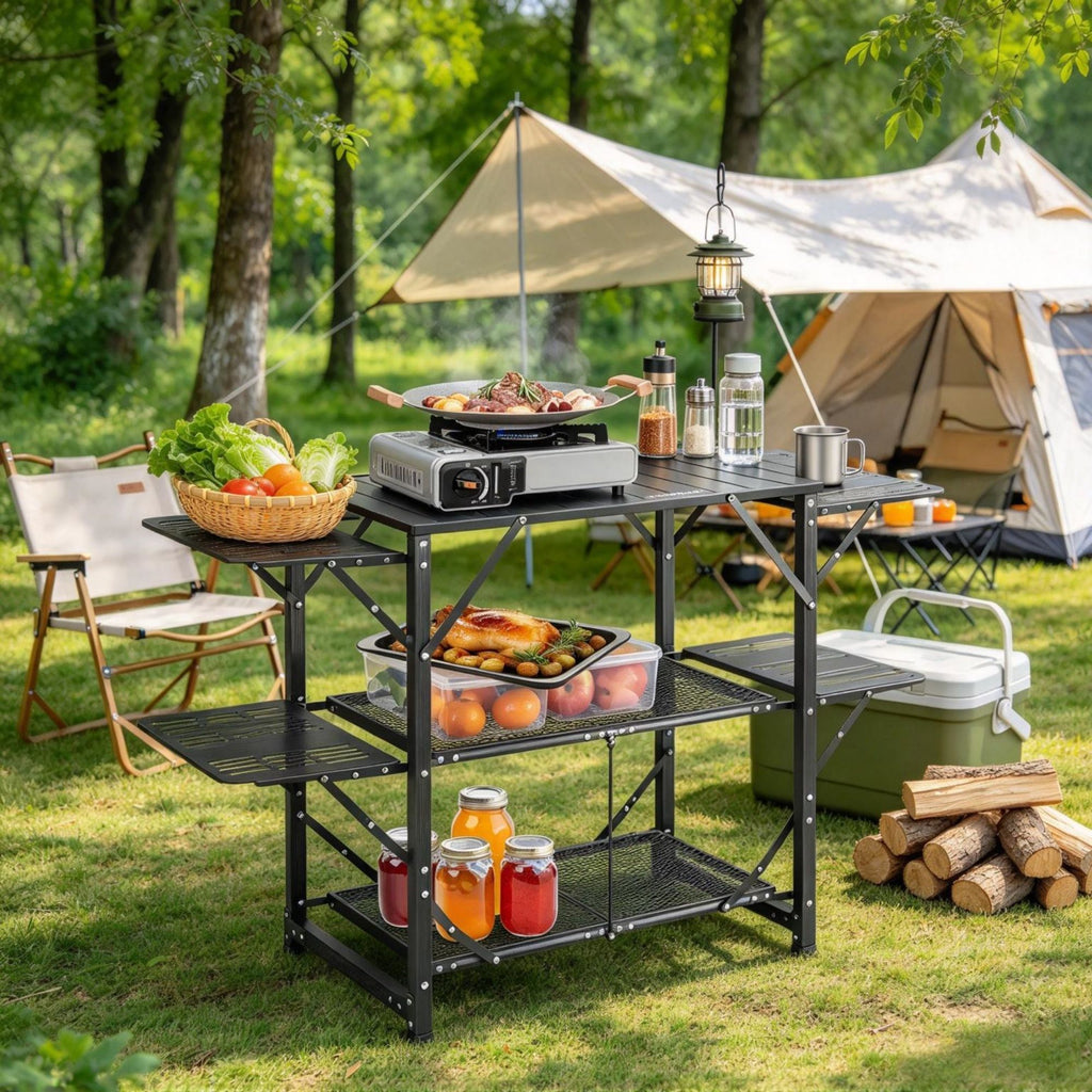 One-Piece Folding Camping Kitchen Table, Portable Cook Station with Carrying Bag, Table with 4 Iron Side Tables & 2 Shelves, Ideal for Outdoor Picnics, BBQs, Camping & RV Traveling