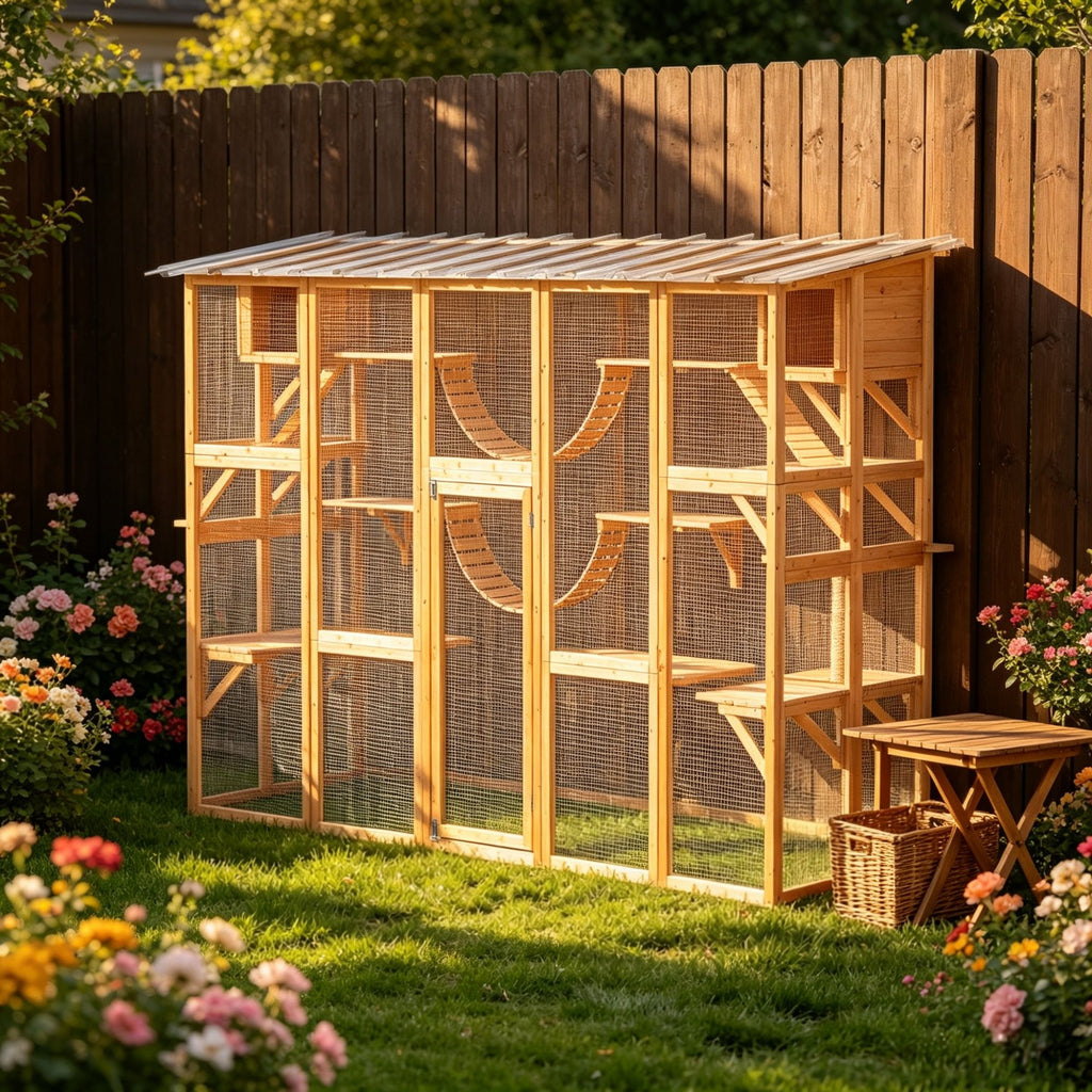 Orange Catio Window Box Outdoor Playground Enclosure for Multiple Cats, Complete with Shelves and Bridges