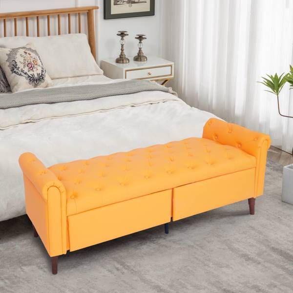 Orange, Multifunctional Storage Sofa Stool with Pu Leather Armrests
